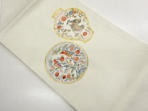 金駒刺繍丸・壺に人物・鳥・花唐草模様名古屋帯